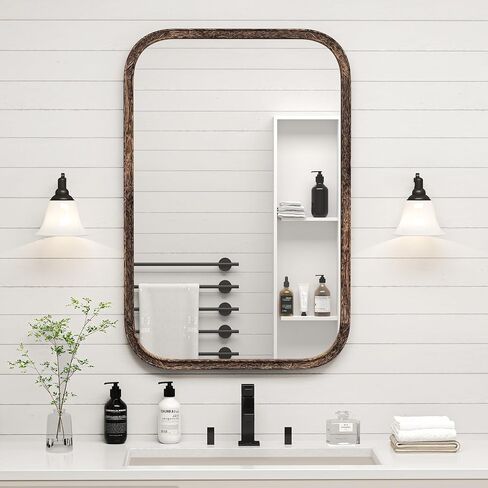 24"x36" Solid Wood Bathroom Mirror Tempered Glass for Wall Mounted, Rustic Wood Frame Wall Mirror Decorative for Decor Living Room Bedroom Vanity Mirror Entryway Mirror, Brown in Kuwait