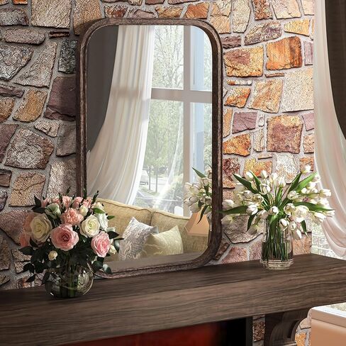 24"x36" Solid Wood Bathroom Mirror Tempered Glass for Wall Mounted, Rustic Wood Frame Wall Mirror Decorative for Decor Living Room Bedroom Vanity Mirror Entryway Mirror, Brown in Kuwait