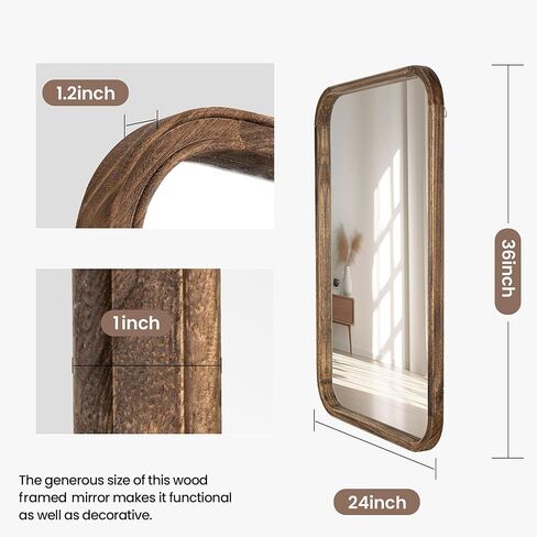 24"x36" Solid Wood Bathroom Mirror Tempered Glass for Wall Mounted, Rustic Wood Frame Wall Mirror Decorative for Decor Living Room Bedroom Vanity Mirror Entryway Mirror, Brown in Kuwait