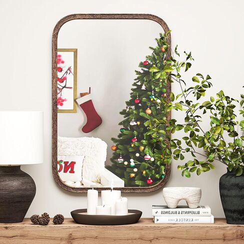 24"x36" Solid Wood Bathroom Mirror Tempered Glass for Wall Mounted, Rustic Wood Frame Wall Mirror Decorative for Decor Living Room Bedroom Vanity Mirror Entryway Mirror, Brown in Kuwait