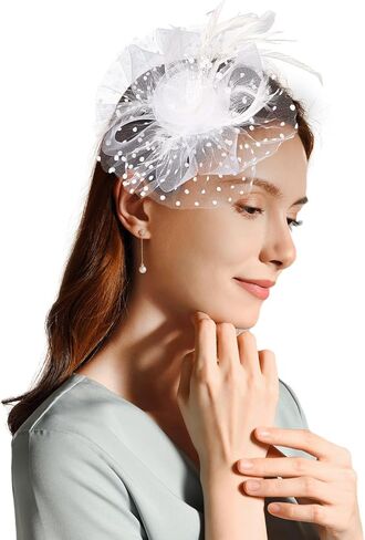 قبعات Curasa fascinators للنساء 20s شاي شاي قبعات Derby Mesh Flower Flower Feathers Clip Cocktail Ribbons in Kuwait
