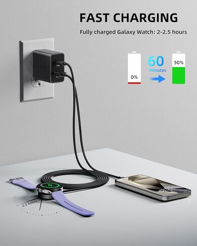 شاحن ساعة سامسونج 2 في 1، شاحن حائط مزدوج المنفذ 5FT 25W، كتلة شحن سريعة متوافقة مع ساعة Galaxy Watch 7/6/6 Classic/5 Pro/5/4 /4 Classic/3/Active2/1، Galaxy S24/S23/22 /21 ملاحظة/Z أضعاف in Kuwait