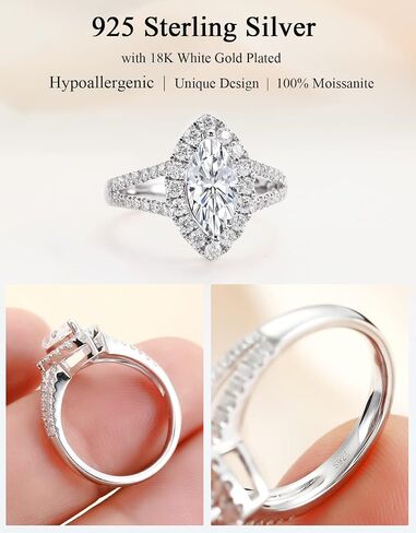 Marquise Cut Moissanite Engagement Ring For Women 18 K White Gold Plated S925 Sterling Silver Modern Ring For Her in Kuwait