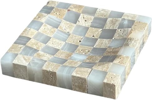 Marble Jade Stone White Onyx with Travertine Checkerboard Square Small Splicing Mosaic Tray Jewelry Dish (White and Beige) in Saudi Arabia