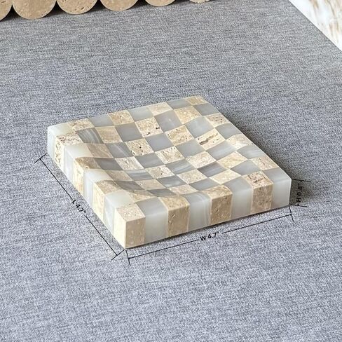 Marble Jade Stone White Onyx with Travertine Checkerboard Square Small Splicing Mosaic Tray Jewelry Dish (White and Beige) in Saudi Arabia