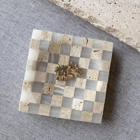 Marble Jade Stone White Onyx with Travertine Checkerboard Square Small Splicing Mosaic Tray Jewelry Dish (White and Beige) in Saudi Arabia