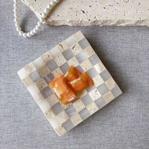Marble Jade Stone White Onyx with Travertine Checkerboard Square Small Splicing Mosaic Tray Jewelry Dish (White and Beige) in Saudi Arabia