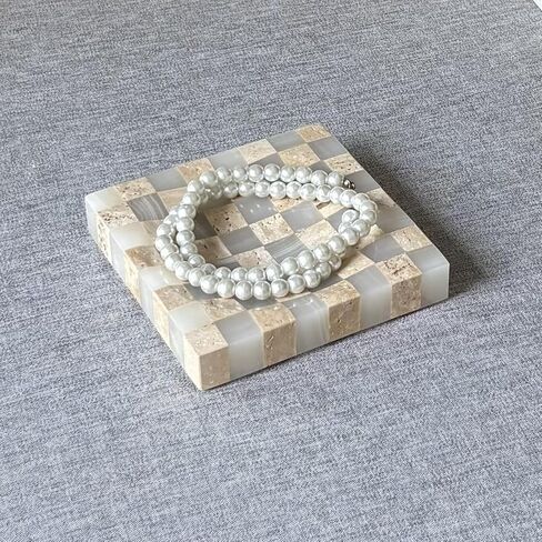 Marble Jade Stone White Onyx with Travertine Checkerboard Square Small Splicing Mosaic Tray Jewelry Dish (White and Beige) in Saudi Arabia