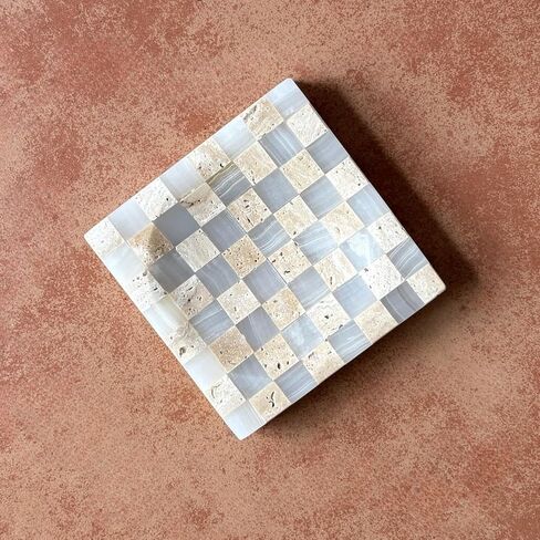 Marble Jade Stone White Onyx with Travertine Checkerboard Square Small Splicing Mosaic Tray Jewelry Dish (White and Beige) in Saudi Arabia