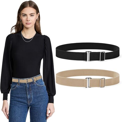 Sightor 2PCS Women No Show Stretch Belt, Adjustable Strap with Flat Buckle, Invisible Elastic Belt for Jeans Pants Dresses in Saudi Arabia