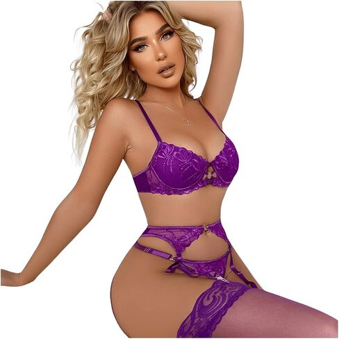 SOLY HUX Womens Sexy Lingerie Sets 4 Piece Lace Garter Babydoll Push Up Bra and Panty with Stocking in Saudi Arabia