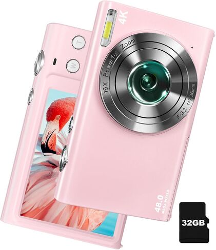 Digital Camera, 4K Autofocus Vlogging Camera with 32GB Card, 48MP Point and Shoot Digital Camera with Flash, 16X Zoom, Anti-Shake, Compact Camera for Teens Adult Beginner(Pink) in Saudi Arabia