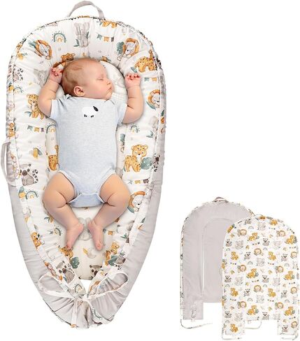Baby Lounger Cover for Boys Girls, Reversible Baby Nest Cover, Adjustable Baby Lounger Replaceable Cover for Infant Newborn, Portable and Machine Washable, Cotton Gray Elephant Cover Only in Saudi Arabia