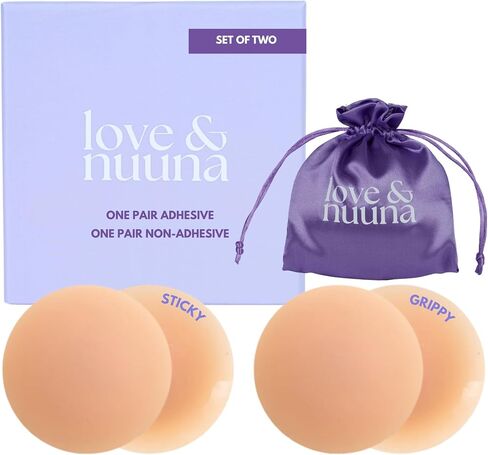 Love & Nuuna لاصق ولاصق لا ملزم يغطي زوجين - كعكات الحلمة اللزجة والمسحة - فطائر قابلة لإعادة الاستخدام ومقاومة للماء in Kuwait