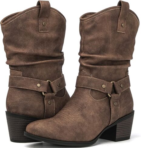 GLOBALWIN Women's Mid Calf The Western Cowgirl Boots Fashion Cowboy Boots For Women Chunky Low Heel in Saudi Arabia