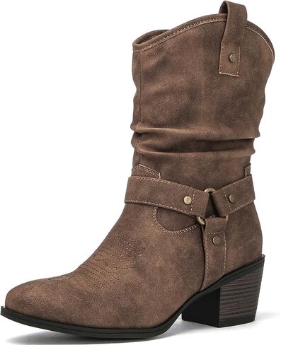 GLOBALWIN Women's Mid Calf The Western Cowgirl Boots Fashion Cowboy Boots For Women Chunky Low Heel in Saudi Arabia
