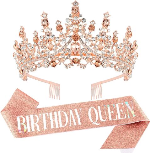 Rose Gold Glitter Crystal Tiara & 'Birthday Queen' Sash Set for Women - Crown and Sash for Girls Princess Party Decorations in Saudi Arabia