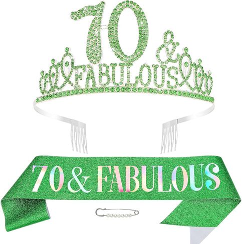 70th Birthday Decorations for Women, 70th Birthday Gifts Sash and Crown for Women Set, 70 & Fabulous Party Supplies, Green in Kuwait