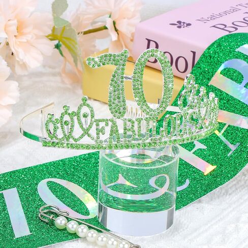 70th Birthday Decorations for Women, 70th Birthday Gifts Sash and Crown for Women Set, 70 & Fabulous Party Supplies, Green in Kuwait