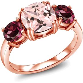 18K Rose Gold Plated Silver Peach Nano Morganite and Red Rhodolite Garnet 3 Stone Engagement Ring For Women (3.20 Cttw, Gemstone October Birthstone, Cushion 8MM, Available in Size 5,6,7,8,9)