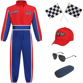 Race Car Driver Costume Kids Boys or Girls Racer Jumpsuit With Car Cap Sunglasses Halloween Cosplay Outfits 3-11y