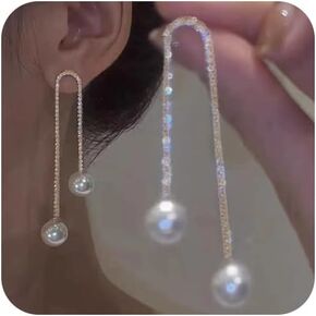 Long Tassel Pearl Dangle Earrings Dainty Rhinestone Tassel Earrings Pearl Drop Earrings Hypoallergenic Elegant Wedding Party Bridal Jewelry Gift for Women