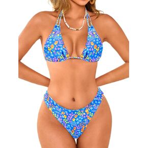 Cute Patterned Bikinis,High Cut Thong Bikini Sets for Women,2 Piece Halter Swimsuit Beach Vacation Pool
