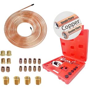 Brake Line Tubing with Tool Kit-25 ft 3/16 Copper Coated Brake Line Kit (Includes 16 Fittings and 4 Unions Brake Line Fittings) + Double & Single Flaring Tool Kit