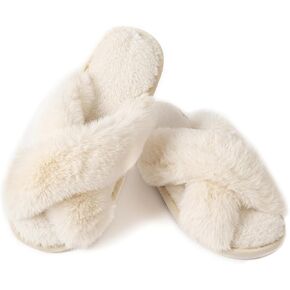 Women's Fuzzy Cross Band Slippers Indoor Outdoor Soft Open Toe House Slippers