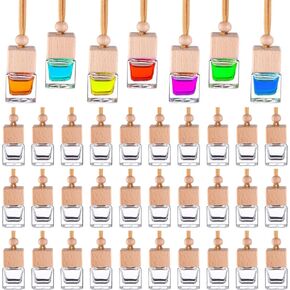 60 Pcs Hanging Car Air Freshener Car Diffuser Bottle Empty Glass Perfume Bottles Air Freshener Diffuser Bottle Pendant for Essential Oils Fragrance Aromatherapy Ornament Decor (Various Style)