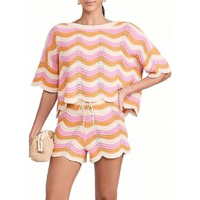 NIFTRIRY 2 Piece Sets for Women Short Sleeve Striepd Crochet Cover Up and Shorts with Drawstring Beach Vacation Clothes