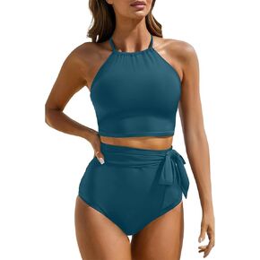 Tempt Me Women High Waisted Bikini Sets Two Piece Swimsuit High Neck Tummy Control Bathing Suits with Tie Side Knot Bottom
