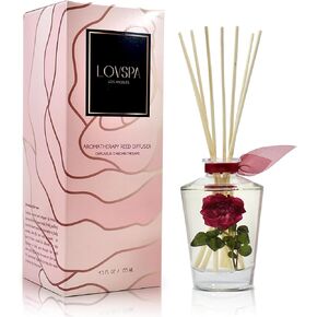 LOVSPA تنقية ROSWATER REED DIFFUSER OIL OIL العصي العصي مجموعة هدايا | باقة أزهار من الورود الحمراء العطرية ، الفاوانيا الطازجة والياسمين | ديكور المنزل الأزهار | هدية Housewarming رائعة | صنع في الولايات المتحدة