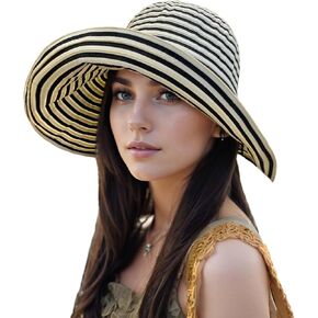 Women Wide Brim Sun Hat Striped Beach Hat UPF 50+ UV Sun Protection Foldable Elegant Holiday Bucket hat