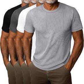 4 Pack Men's Short Sleeve T Shirts Crewneck Ribbed Knit Slim Fit Tops Basic Muscle Tee Shirts