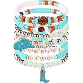 7pcs Cowgirl Beaded Bracelets, Stackable Western Country Beaded Stretch Bracelets with Cowgirl Hat and Boots Charms Y2K Style Boho Summer Beach Jewelry Accessories for Women