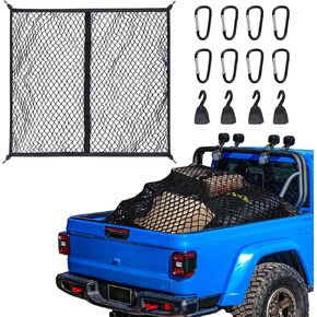 Cargo Net for Pickup Truck Bed, Cargo Mesh Organizer,4'x4' Stretches to 7'x7' Clips and Storage Bag Truck Cargo Net Ideal for SUV and Boat Use (8 Pcs Metal Carabiner + 8 Hooks)
