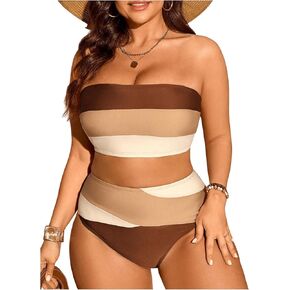 Floerns Women's Plus Size Colorblock Bandeau Bikini Set High Waisted Beachwear