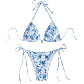 Wdirara Women's 2 قطعة من الأزهار ذات الأزهار الدخبة مجموعة Boho Halter String Triangle Swimsuits بدلة السباحة الشاطئ