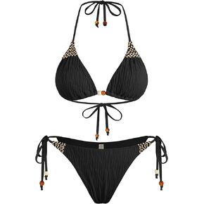 ZAFUL Women's Texture Triangle Bikini Sets Halter Ties Swimsuit Tie Sides Thong Swimwear Two Piece Bathing Suit