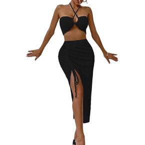 SherryDC Womens Sexy Bandeau 3 Piece Bikini Sets Halter High Cut Swimsuit Bathing Suit with Drawstring Long Skirt