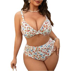 SOLY HUX Women's Plus Size Swimsuit Floral Print V Neck High Waisted Bikini Set Two Piece Bathing Suit