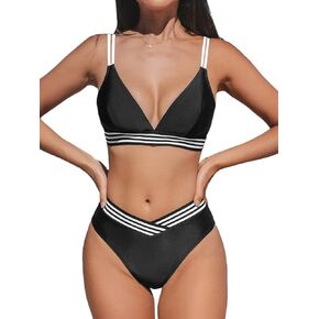 CUPSHE Women's Bikini Sets V Neck Two Piece Bathing Suit High Waisted Color Block Adjustable Double Straps Back Hook