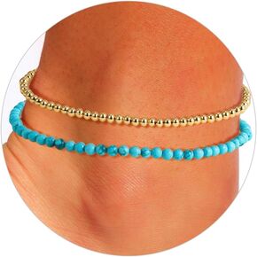 SLOONG Boho Gold Ankle Bracelets for Women, Waterproof Beach Layered Pearl Beaded Turquoise Anklets Set Handmade Jewelry Gift
