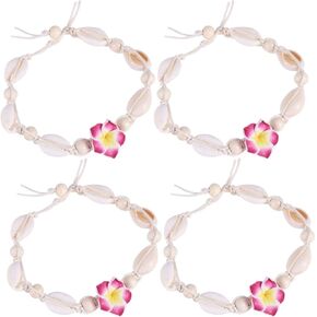 LUOZZY 4 Pcs Hawaiian Hemp Flower Shell Anklet Bracelet Beach Style Adjustable Fashion Ankle Accessory for Women