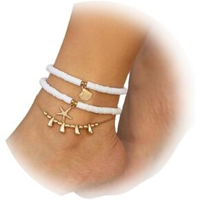 Multilayer Starfish Leg Anklets for Women,Elastic Beaded Anklet Chain,Boho Starfish Conch Shell Beads Anklet Barefoot Jewelry,Summer Beach Body Accessories Jewelry