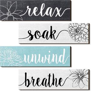 4 Pieces Farmhouse Bathroom Wall Decors Relax Soak Unwind Breathe Bathroom Signs Rustic Room Wall Arts Vintage Wooden Decorations for Home Laundry Room