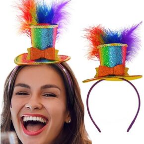 Mini Hat Headband Feather Hats Hairband Rainbow Mardi Gras Headpiece Cocktail Party Hair Hoop Holiday Hair Accessories for Party Carnival Event