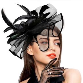 Yokawe Fascinator Hats Tea Party Hat Black Organza Feather Cocktail Hair Accessories for Women