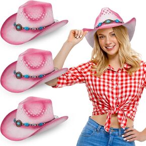 Hercicy 3 Pcs Straw Cowboy Hat Summer Beach Western Cowgirl Hat for Women Men Western Straw Hat